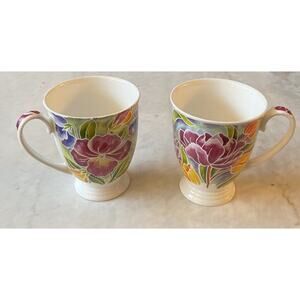 Royal Garden Floral Garden Fine Bone China Teacups Set of 2‎ Etched Watercolor
